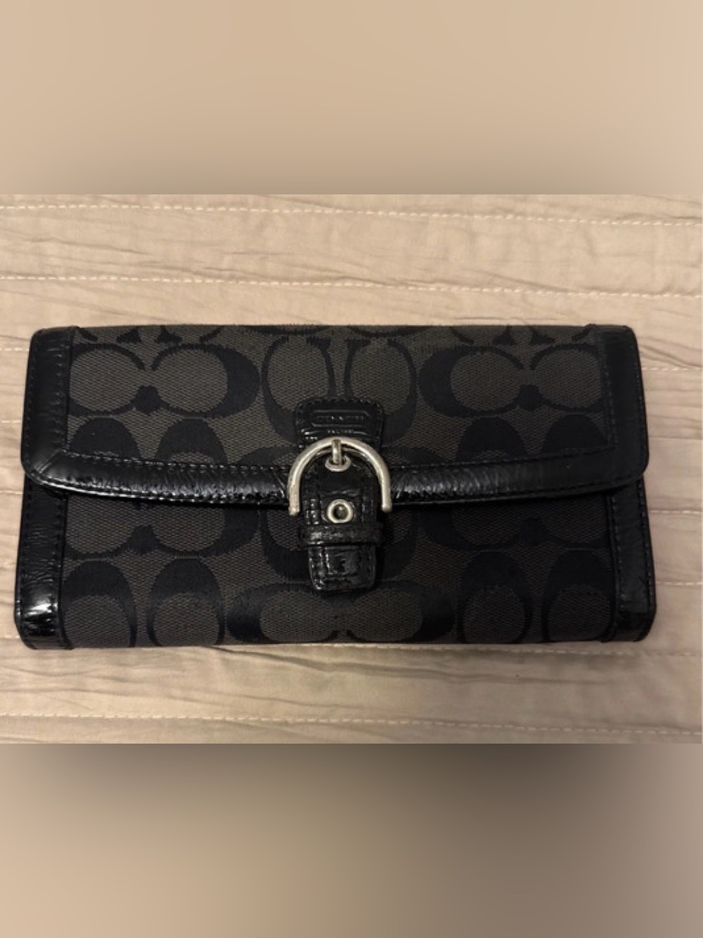 Coach Black Signature Canvas Wallet with Silver Buckle